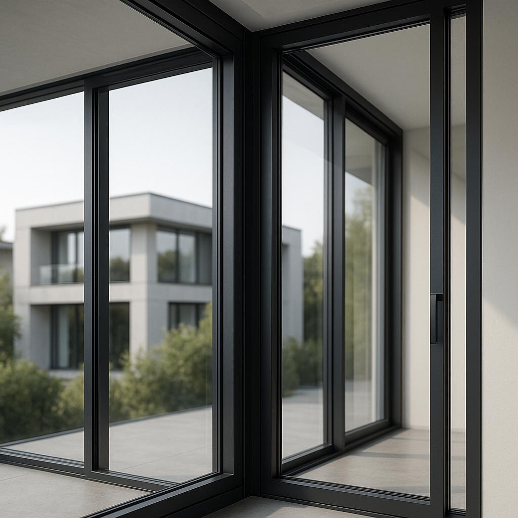 Close-up of sleek aluminum-framed windows and door